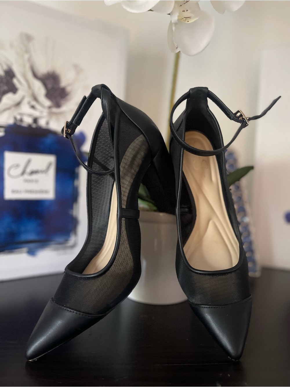 Jessica Simpson Black Pointed Toe Ankle Strap Heels with Sheer Panels